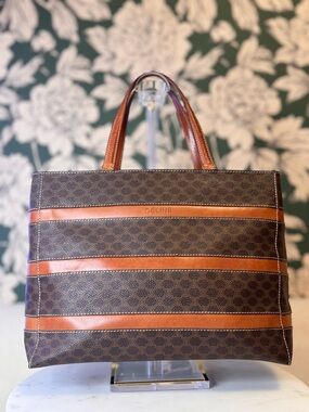 Celine Authentic Macadame Leather Tote with Tan Leather Stripes EUC